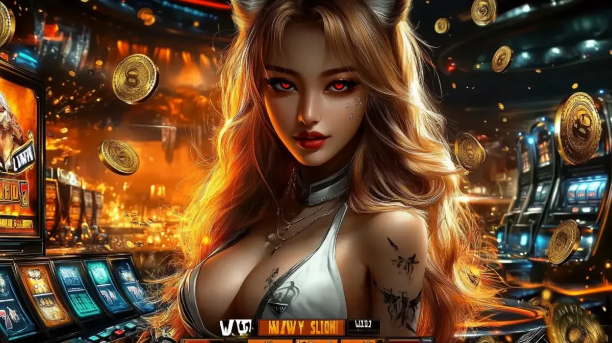 An alluring anime-style woman with cat ears and striking red eyes is the main feature in this ywkk casino promotion. The background is filled with glowing slot machines and a shower of gold coins, creating a fantasy gaming atmosphere.