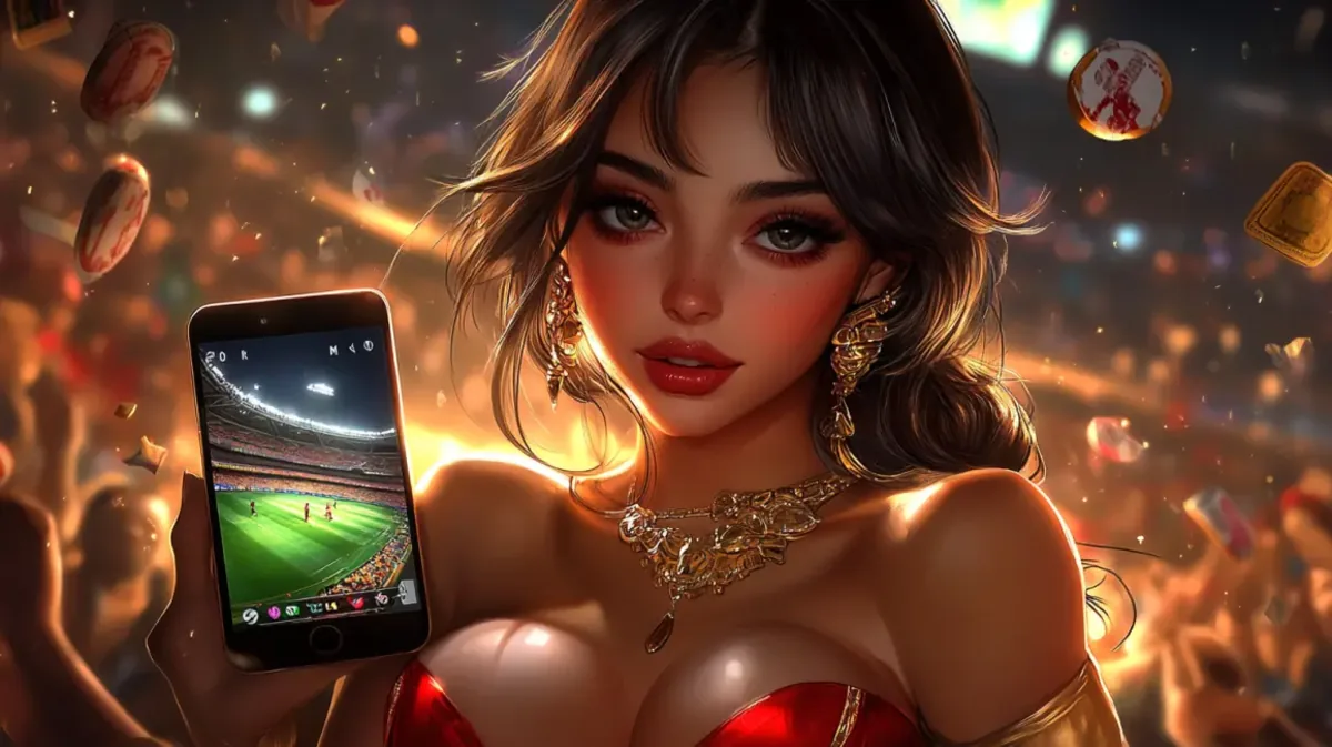 An enchanting woman in a red dress holds a smartphone displaying a live football match on the ywkk betting app. She is in a cheering crowd, capturing the immersive atmosphere of placing live bets on your favorite team with ywkk.