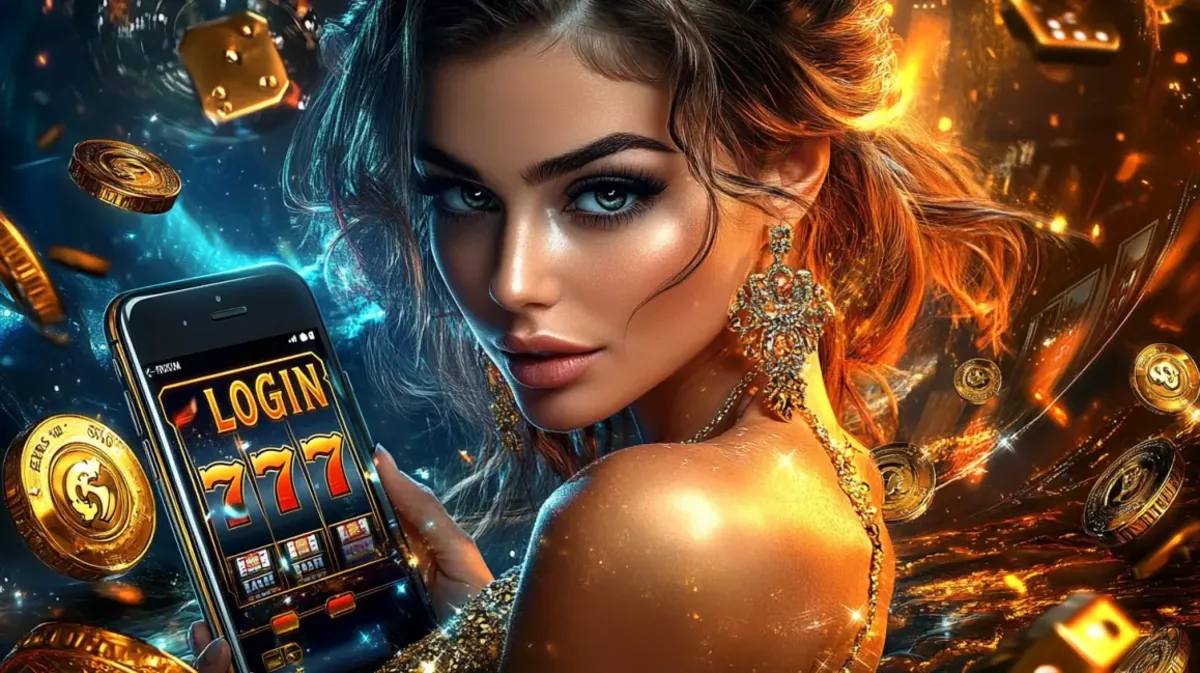 A stunning woman with golden-brown hair holds a phone with the ywkk casino login screen, featuring LOGIN and 777 in bold letters. The background is a swirl of gold light, floating coins, and dice, inviting players to join the winning action at ywkk.